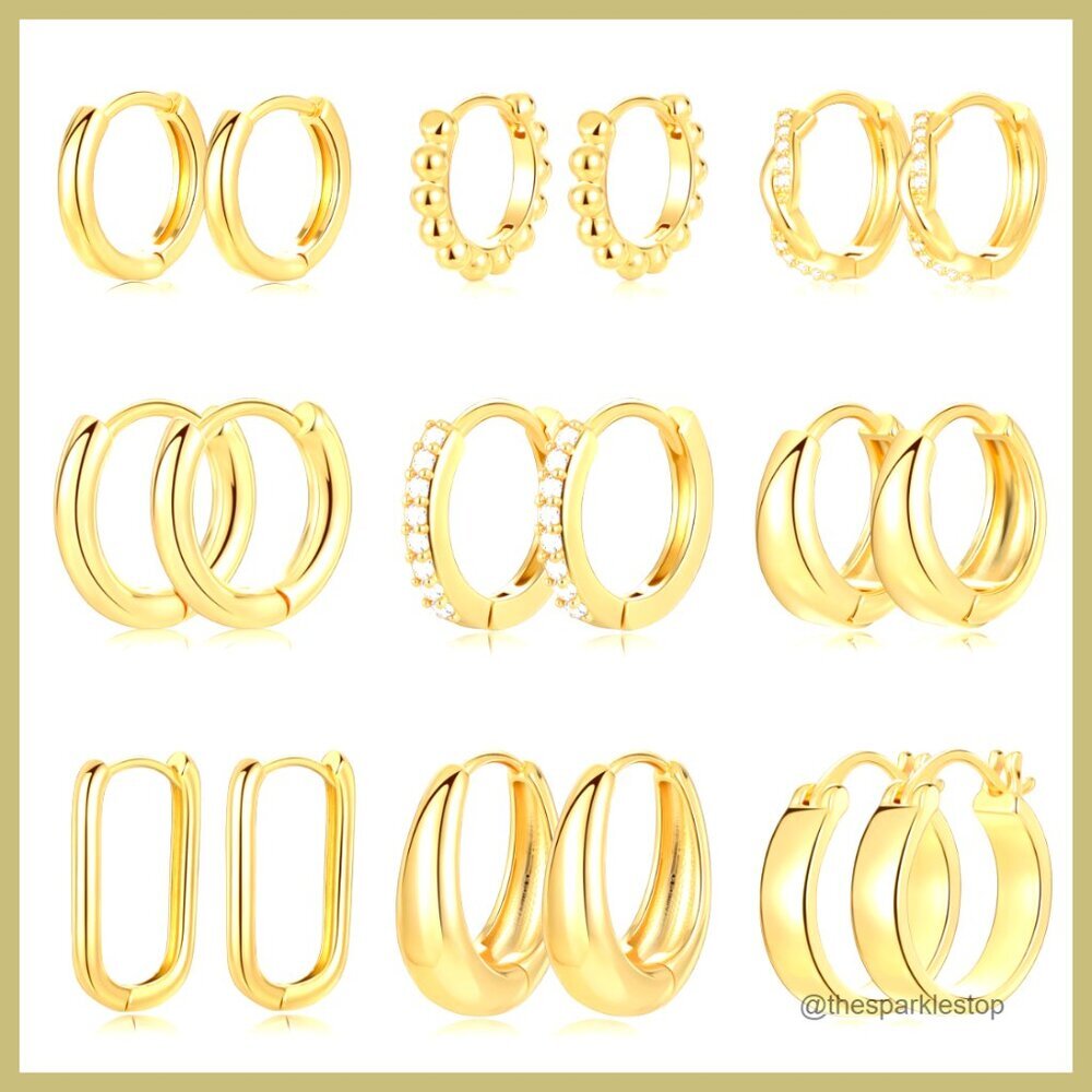 14K Gold Plated Hoop Huggie Earrings Set, Hypoallergenic Chunky Hoops